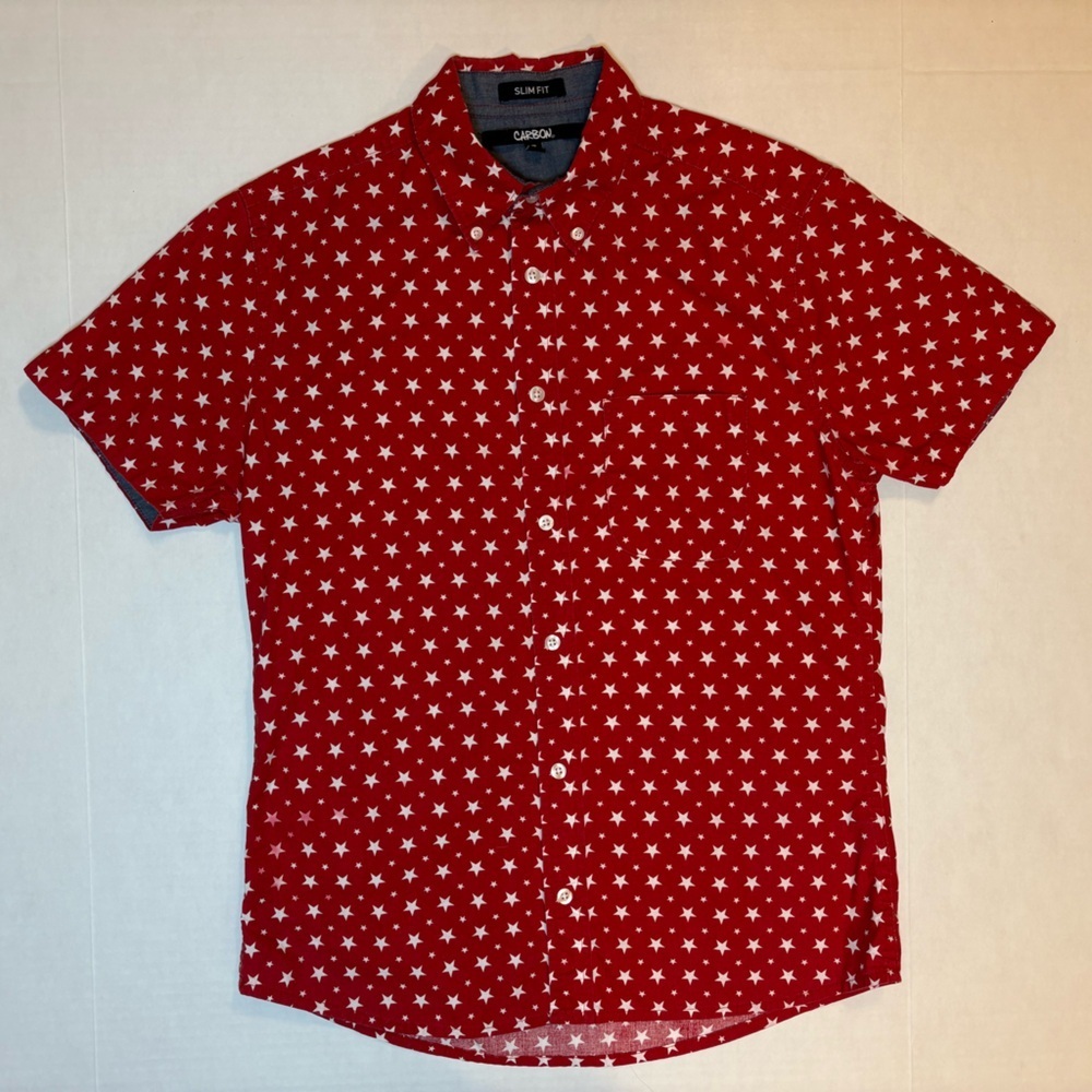 Carbon men’s slim fit button down short sleeve shirt red white stars patriotic S